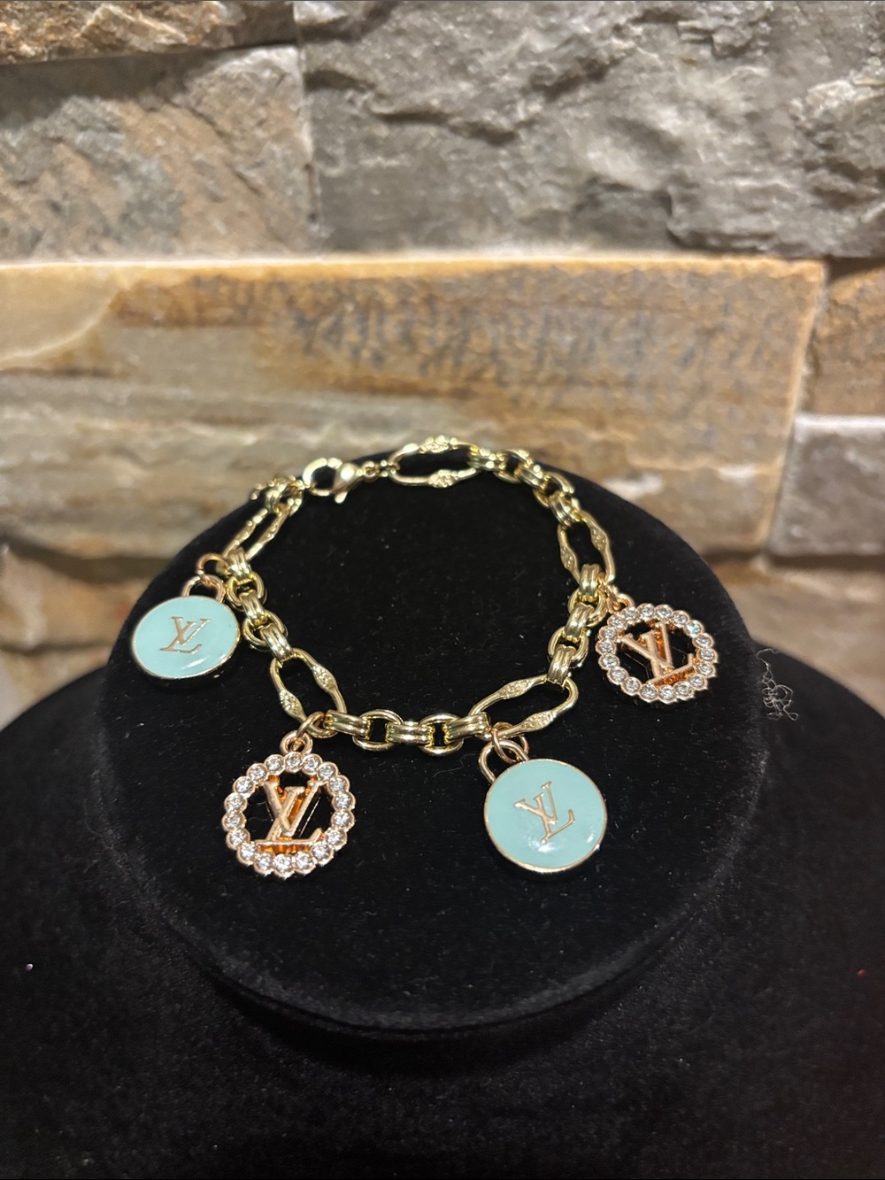 Gold Charm Bracelet with baby blue Enamel and Crystal Accents